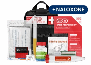 Rx Destroyer Crisis Response Kit backpack displayed with contents including gloves, solutions, and naloxone pouch on pink background