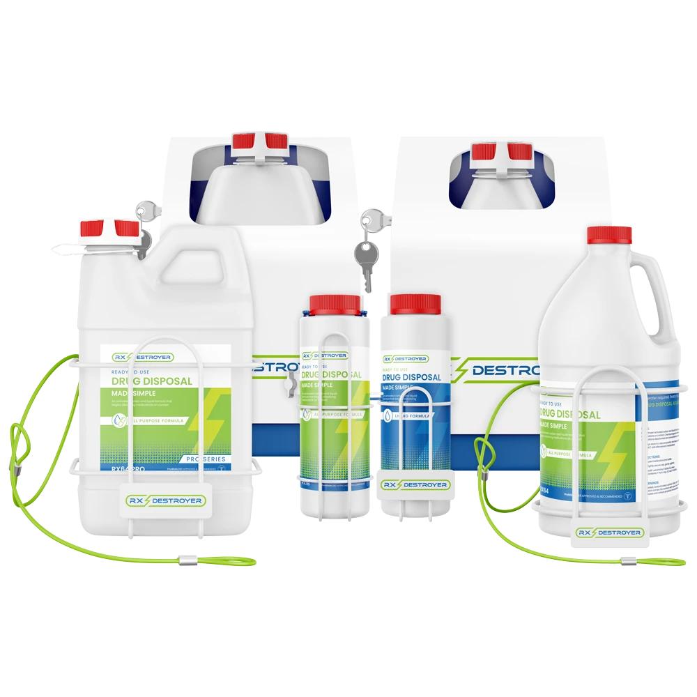 Assorted Rx Destroyer bottles and containers for various applications