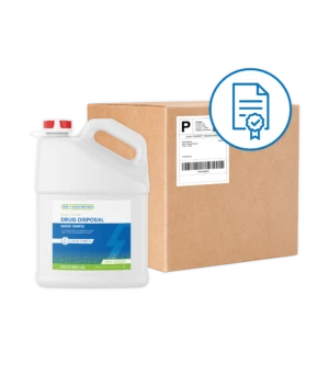 Rx Destroyer 1-gallon liquid product with red cap in mail-back certified shipping box
