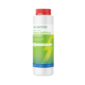 Rx Destroyer all-purpose drug disposal bottle with green and blue labeling