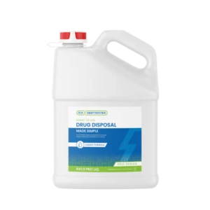 Rx Destroyer 1-gallon liquid container with red cap and white label