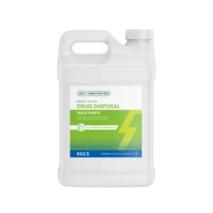 Rx Destroyer 2.5-gallon container with white label and red cap
