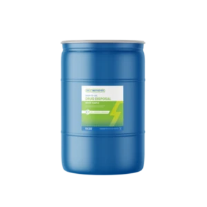 Blue Rx Destroyer 30 gallon container with green label