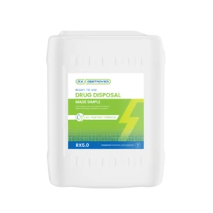 White 5-gallon plastic bucket with green Rx Destroyer label for all-purpose drug disposal formula