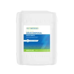 Rx Destroyer 5-gallon liquid drug disposal product in white container