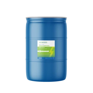 Blue plastic 55-gallon drum with green and white Rx Destroyer label