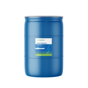 Blue 30-gallon plastic drum with Rx Destroyer green label for liquid drug disposal