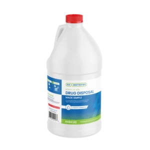 Rx Destroyer drug disposal liquid product in white jug with red cap and blue label.