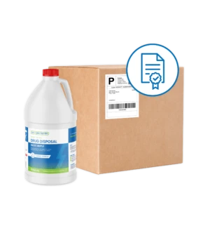 White jug with blue and green label showing mail-back program with certified incineration badge and cardboard return box
