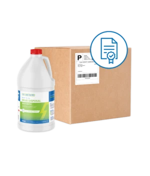 Rx Destroyer drug disposal liquid and certified mail-back program box.