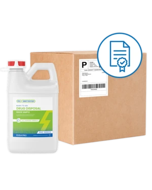 White 5-gallon container with Rx Destroyer green label Ready to Use Drug Disposal