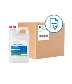 White jug with blue-green liquid and Rx Destroyer label with mail-back program certification and cardboard box