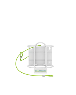 White wall mount bracket with handle, green cable, and Rx Destroyer base for securing 64-ounce bottle