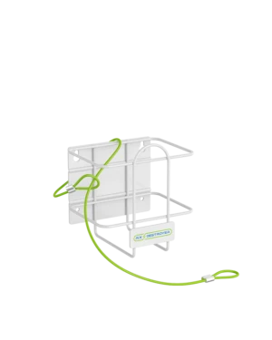 Rx Destroyer wall-mounted bracket with green security cable attached for 64-ounce bottle