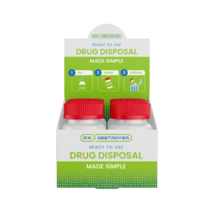 Two Rx Destroyer ready-to-use 4-ounce containers, green and blue, showing fill-shake-dispose instructions