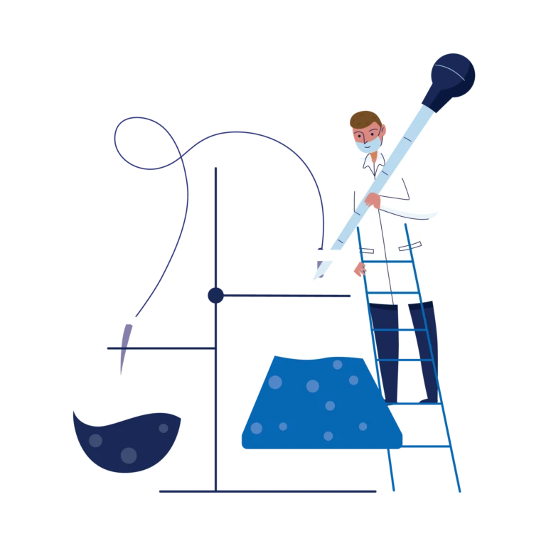 Illustration of scientist in lab coat with bubbling flask chemistry setup