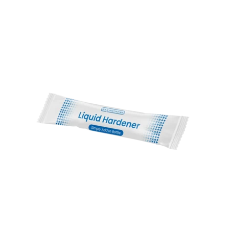 Rx Destroyer Liquid Hardener single-use packet in white wrapper with blue text