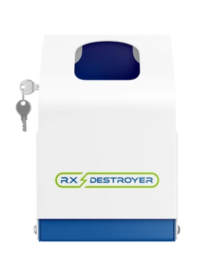 Rx Destroyer 64-ounce Pro Series lock box with key, navy blue interior