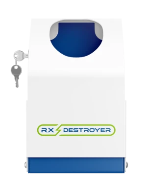 Rx Destroyer 64-ounce Pro Series lock box with key and blue interior bottle mount