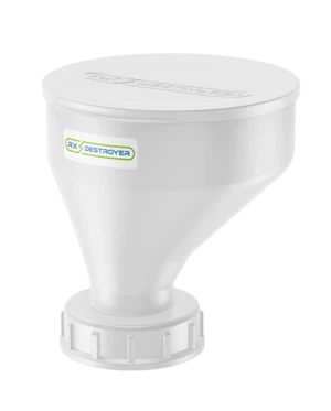Rx Destroyer 32-ounce white funnel with screw-on lid