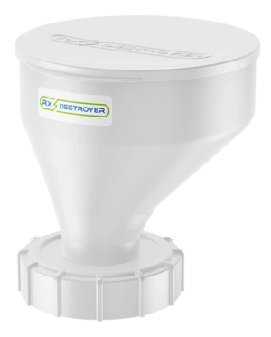 Rx Destroyer 32 ounce funnel with white lid on black background