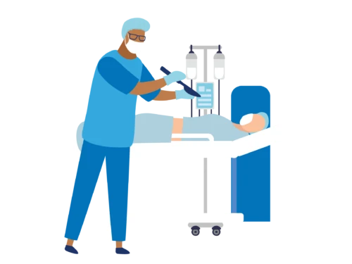 Illustration of healthcare worker in mask with IV stand and patient in hospital bed