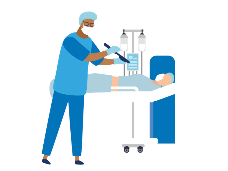 Illustration of healthcare worker in mask with IV stand and patient in hospital bed
