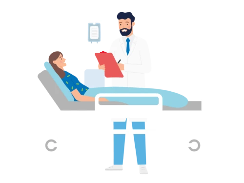 Male physician with clipboard and patient on hospital bed illustration