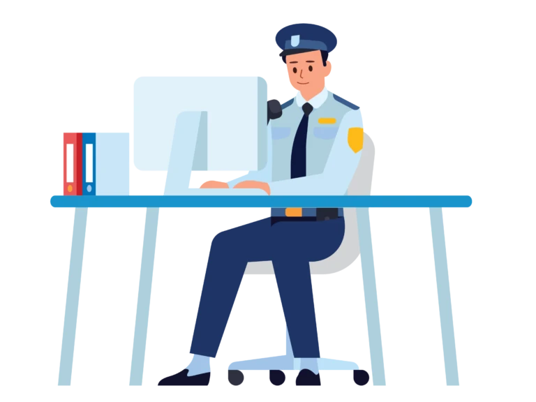 Illustration of police officer at desk with computer and files