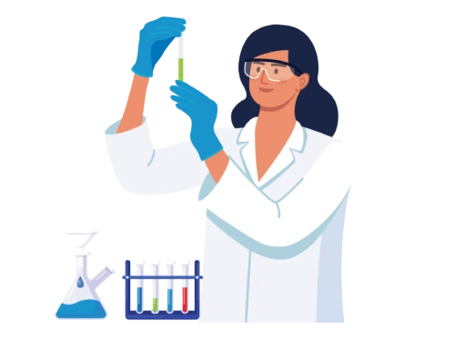 Illustration of female EMS worker holding test tube with lab equipment