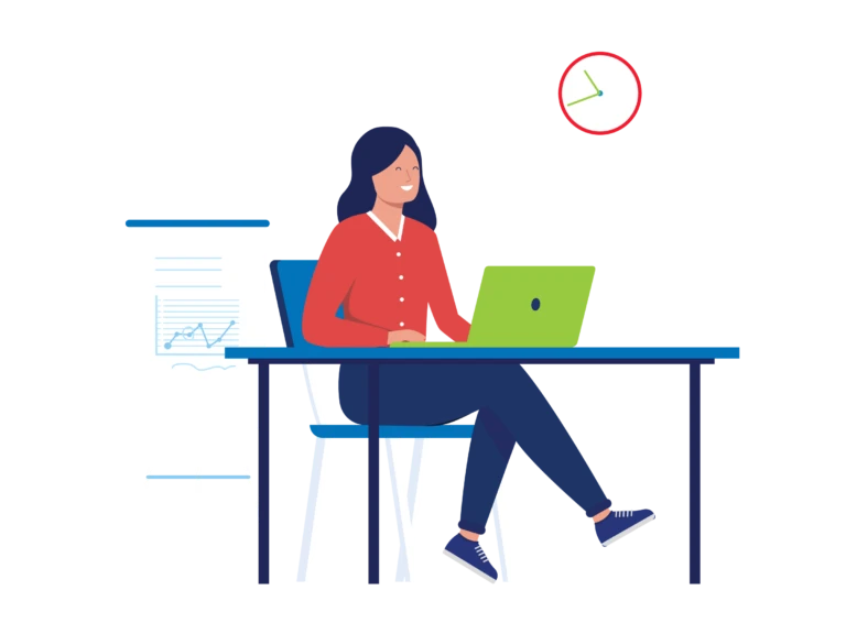 Woman at desk with laptop and clock icon representing business efficiency