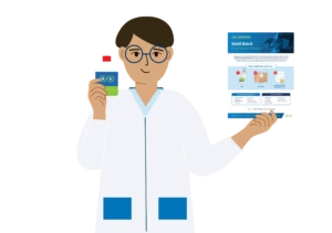Pharmacist holding drug disposal bottle and medication management document