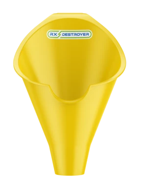 Yellow conical funnel with Rx Destroyer branding for filling drug disposal bottles