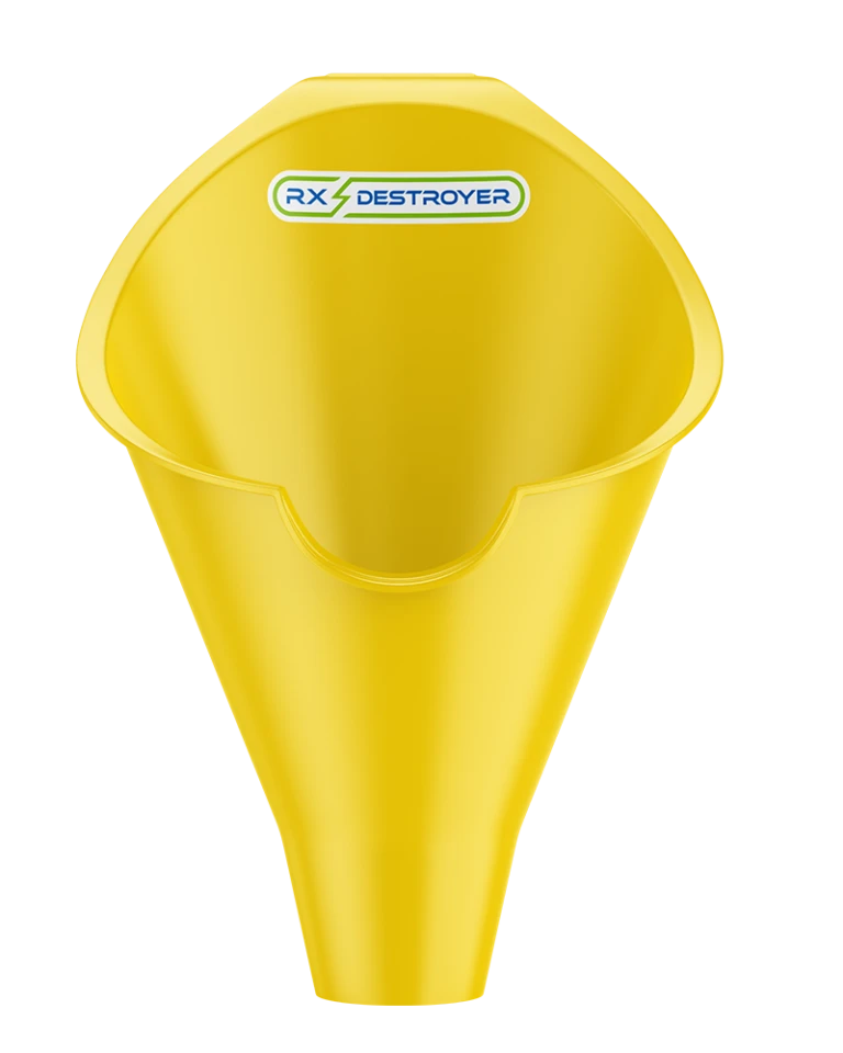 Yellow conical funnel with Rx Destroyer branding for filling drug disposal bottles