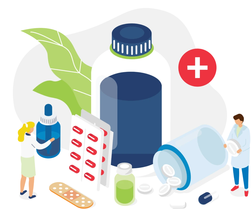 Illustration showing medications, pills, health care cross symbol, and botanical leaves