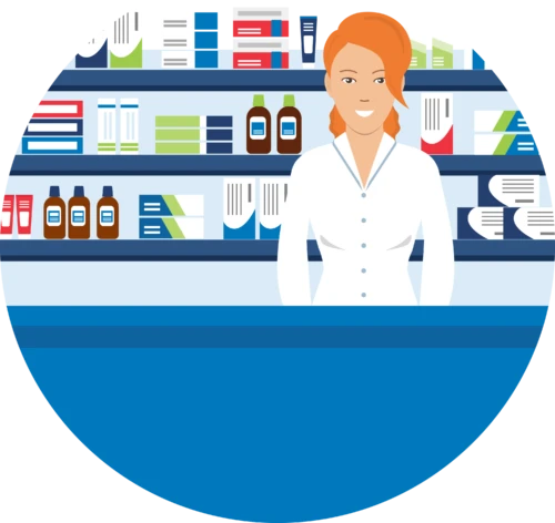 Female pharmacist at medication shelf with prescription pad in circular illustration
