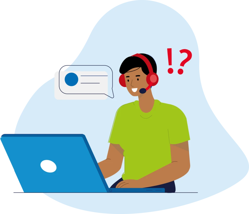 Illustration of person with headset at laptop experiencing difficulty or confusion