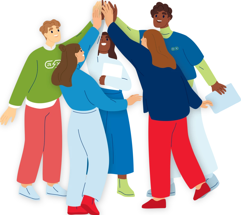 Diverse group in Rx Destroyer branded apparel with raised hands in unity