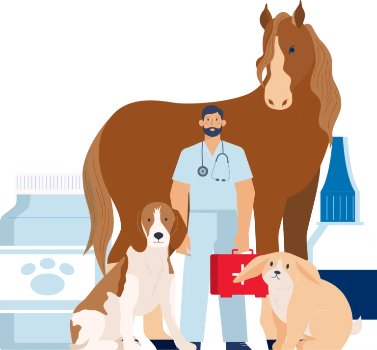 Veterinarian with horse, dog, and pharmacist holding Rx Destroyer products
