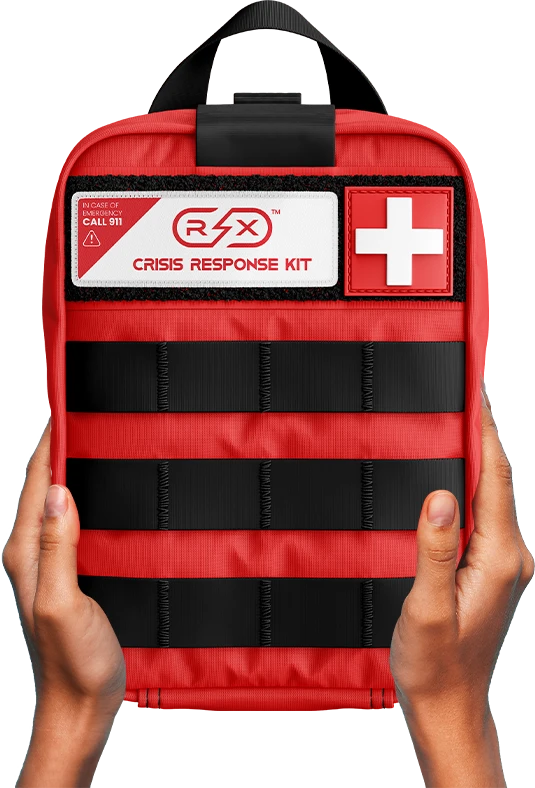 Rx Destroyer crisis response kit with red nylon exterior and white cross