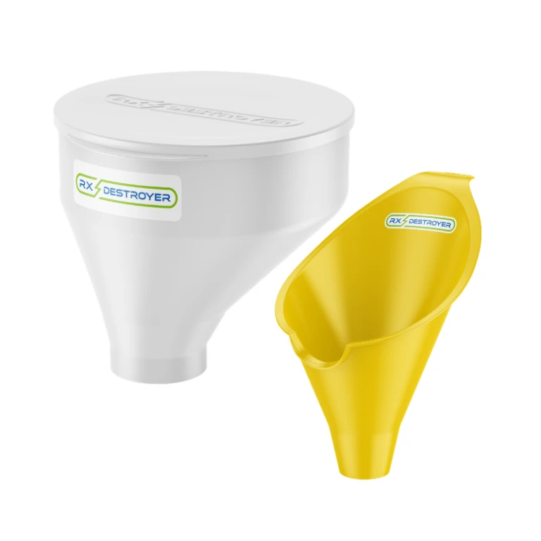 Rx Destroyer white vented cap and yellow funnel for medication disposal