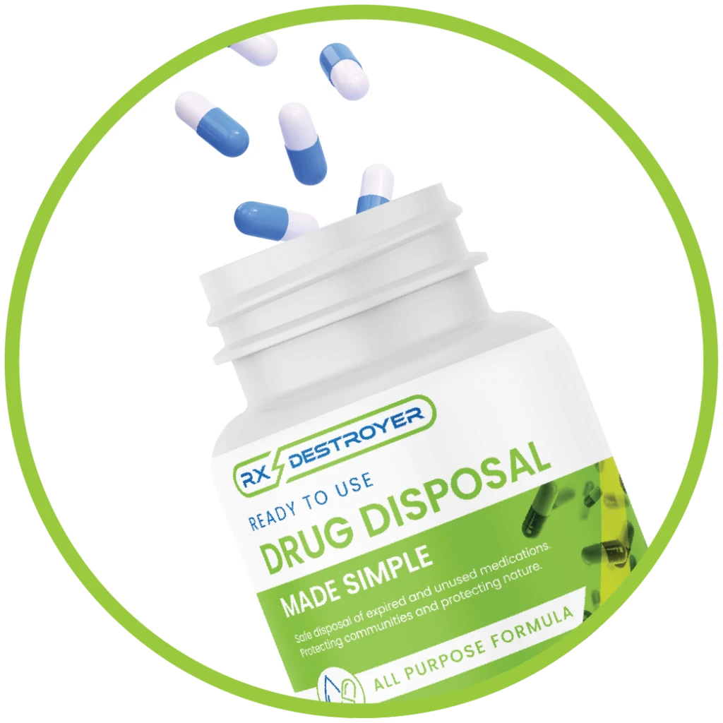 Rx Destroyer home use product bottle with pills floating above for households.
