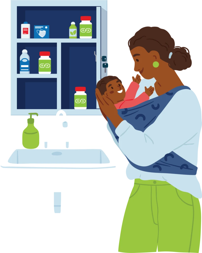 Woman with child holding medicine bottle by bathroom cabinet