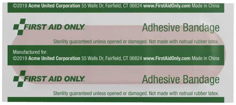 Two adhesive bandages or band aids labeled First Aid Only