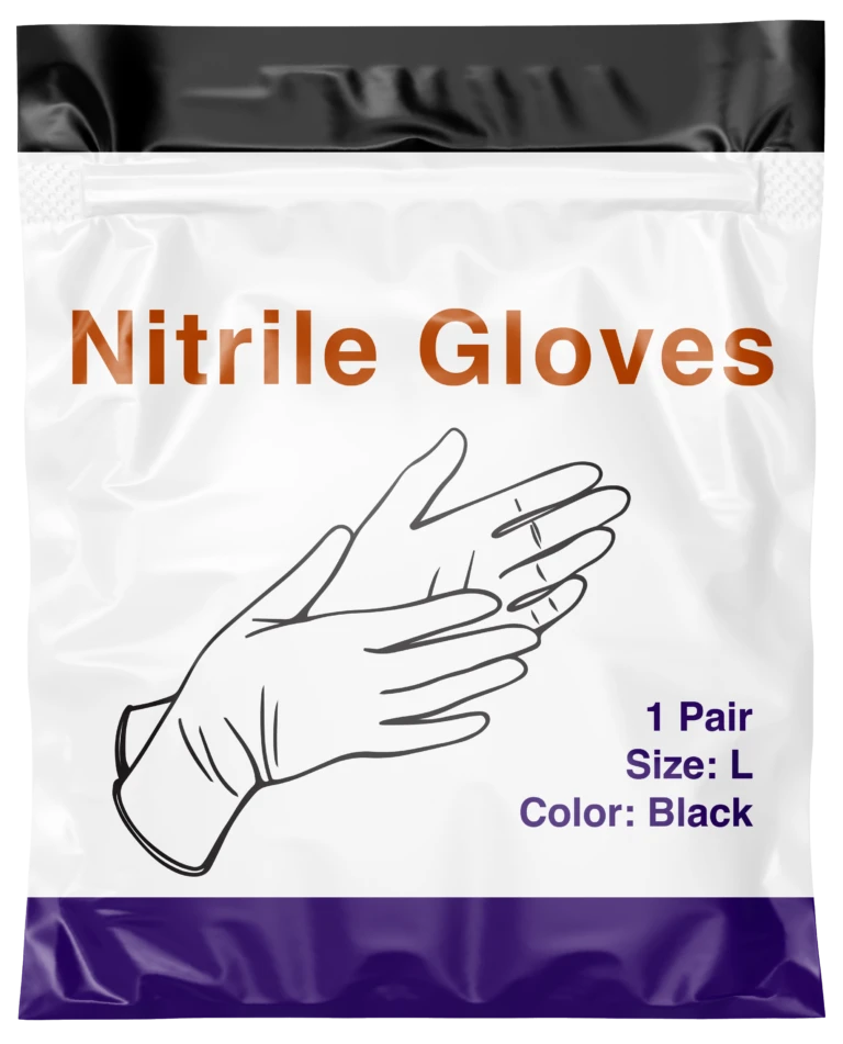 Nitirile Gloves packaging showing black large size pair with hand illustration