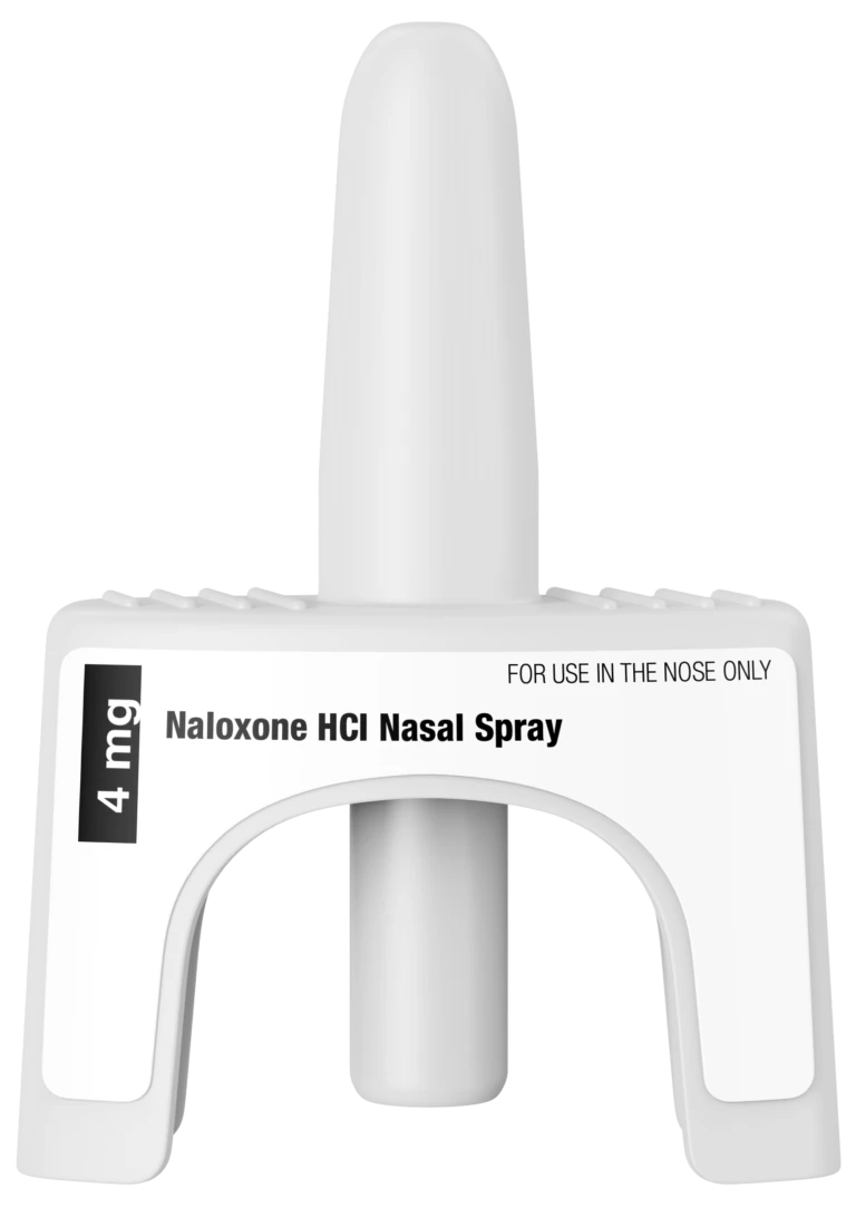 Naloxone HCl nasal spray 4mg with applicator in palm