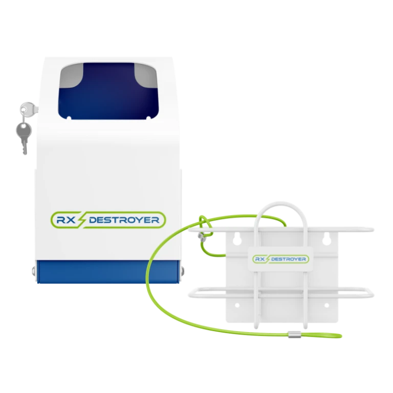 Rx Destroyer 16 ounce bottle lock box with blue exterior and gray top