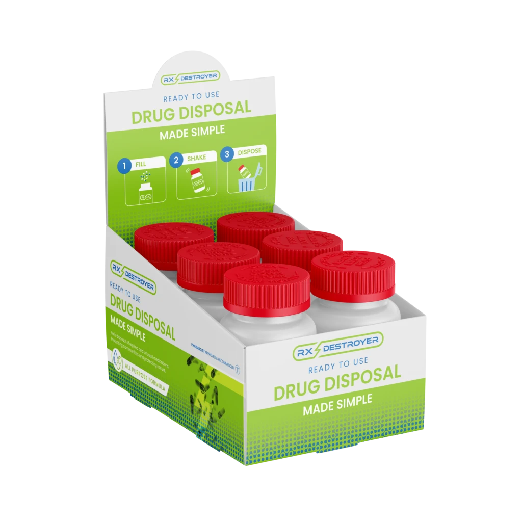 Ready to use Drug Disposal Made Simple display box with red caps and green base