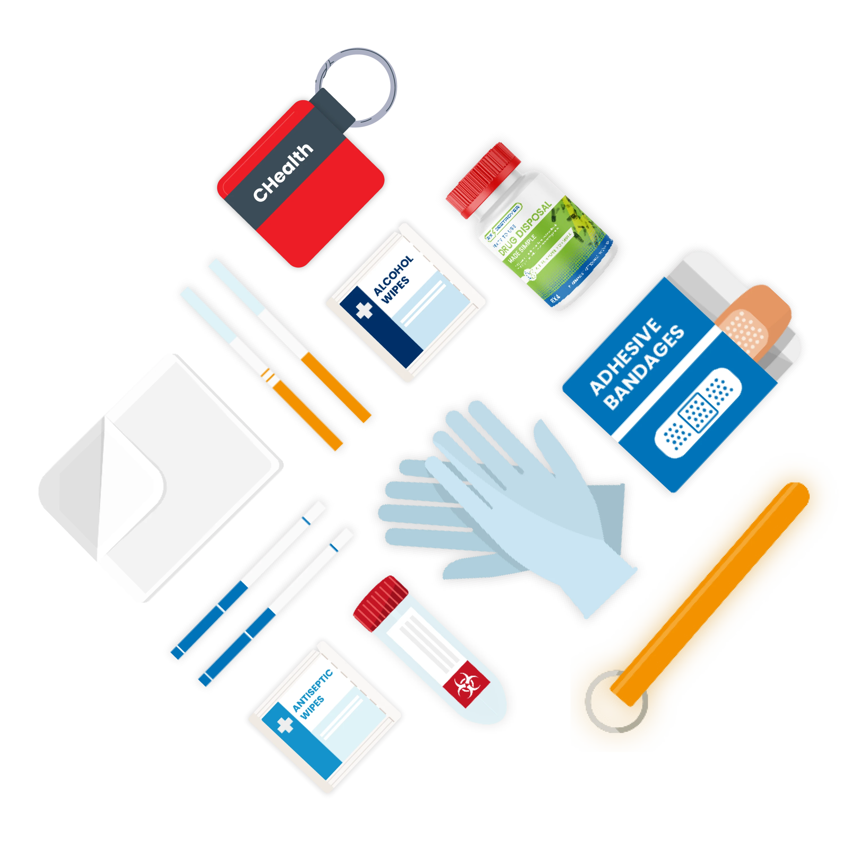 Crisis response kit supplies icon with gloves, bandages, medications and first aid items