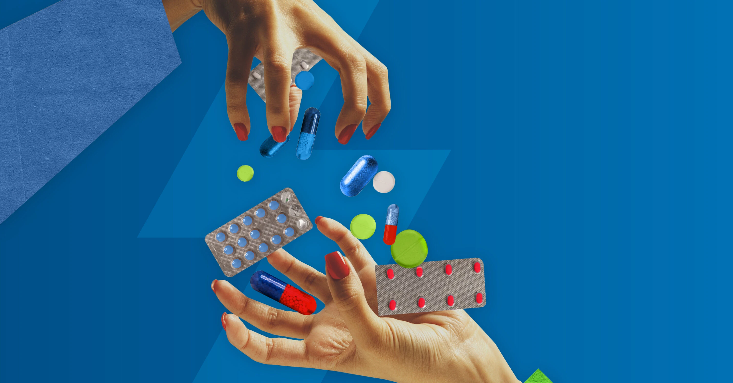 Two hands passing medication pills and blister packs